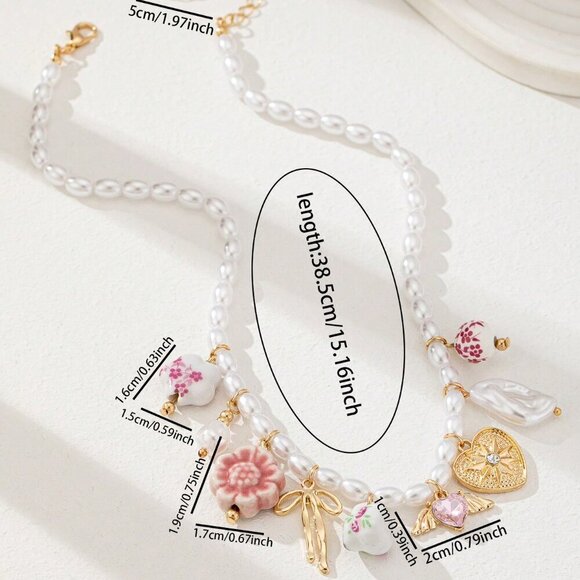 Multicolor Boho Women's Handmade Ceramic Flower Tea Cup Beaded Necklace - Picture 3 of 4